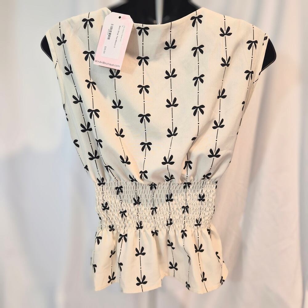 Win Ari Boutique Bow Strap Tied Blouse Cream Black Smocked Peplum Top Small NWT - Picture 2 of 8